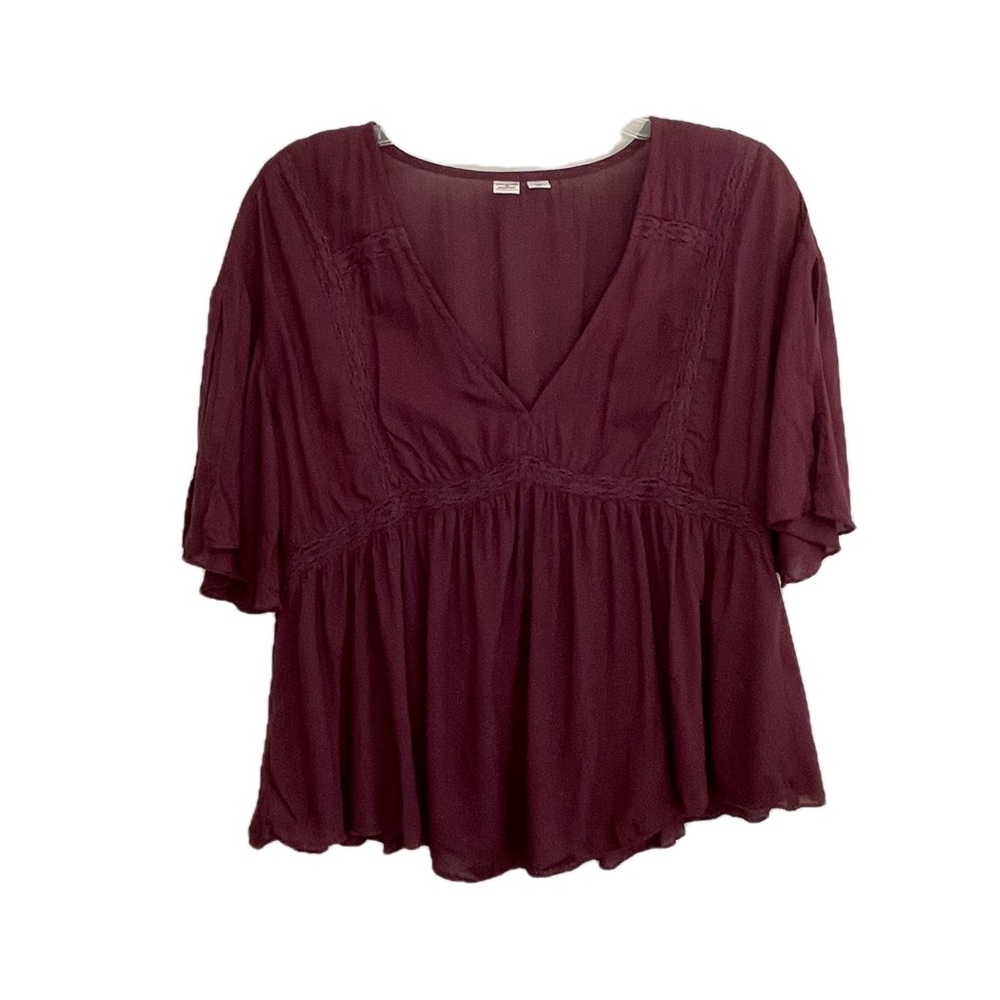 Melrose & Market Burgundy Split Sleeve Blouse XS Boho Flowy V-Neck Empire Waist